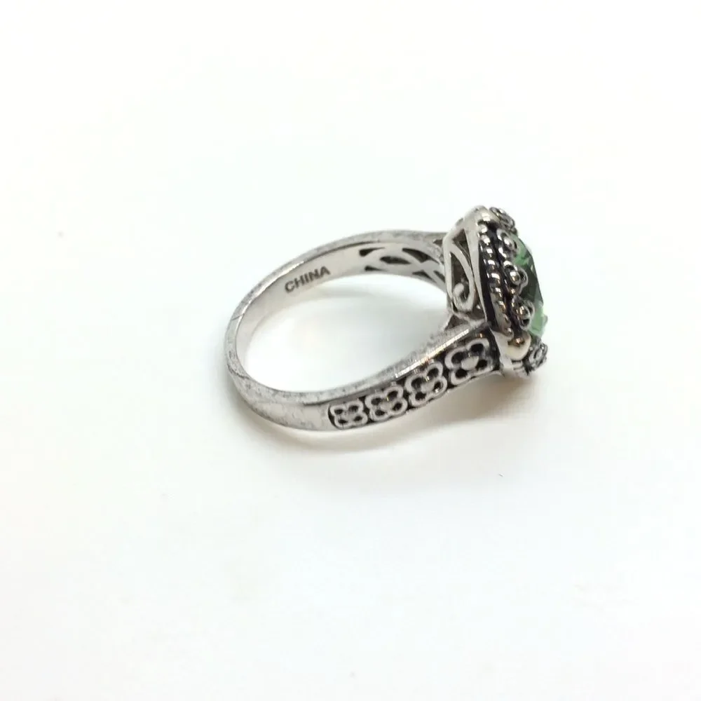 STERLING SILVER RING Green Glass Filigree Statement Ring Sz 7.25